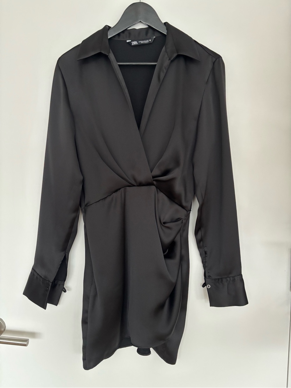 Zara Satin Mini Draped Long Sleeve Dress in Black